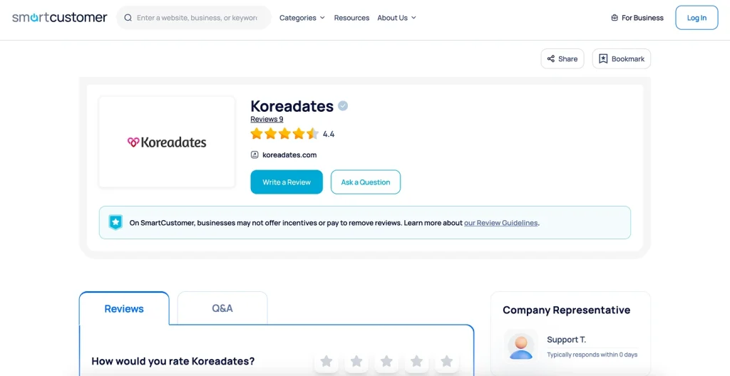 Koreadates reviews and rating on SmartCustomer.